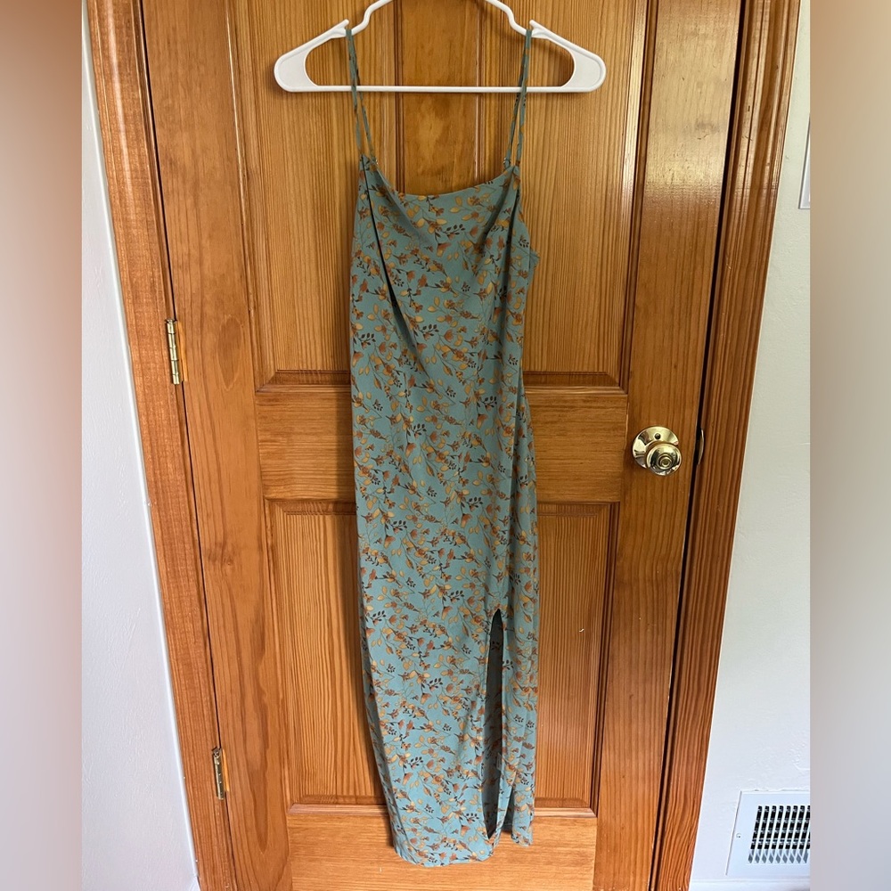 Small midi teal dress with gold leaf design